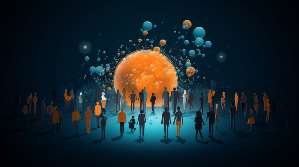 Orange Blase in der Mitte, auf blauem Hintergrund. Menschen stehen um die Blase herum. Symbolisiert CEO-Kommunikation.