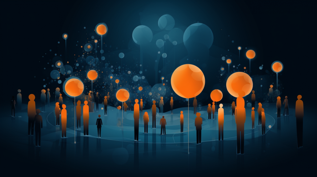 orange und blaue Blasen schweben im Raum, menschliche Silhouetten stehen darum, Führung
