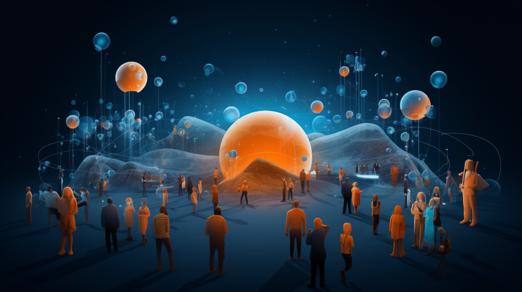 Eine große orange Blase im Zentrum, Silhouetten bewegen sich dorthin, Leitbild, Unternehmenskultur